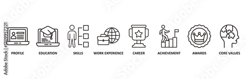 Resume icon set vector illustration for profile, education, skills, work experience, career, achievement, awards, core values