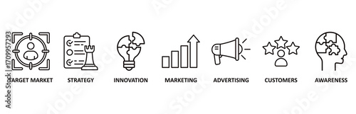 Brand icon set vector illustration for target market, strategy, innovation, marketing, advertising, customers, and awareness