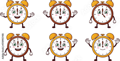 Cartoon alarm clock mascot character set, cute timepiece illustration with smiling faces for schedule design, education, business, and punctuality concepts