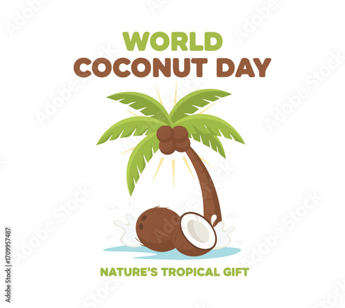 World Coconut Day poster design, coconut vector illustration, flat design concept, coconut tree