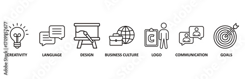 Corporate identiy icon set vector illustration for creativity, language, design, business culture, logo, communication and goals