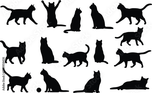 Black cat silhouette collection, various poses walking sitting stretching playful domestic feline vector design, pet animal shapes for artwork illustration