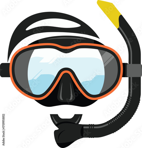 Black and orange diving mask with snorkel on white background Keywords: diving mask, snorkel, scuba diving, underwater, swimming