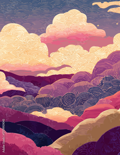 Fond vectoriel stylisé, fantaisiste et coloré : paysage onirique