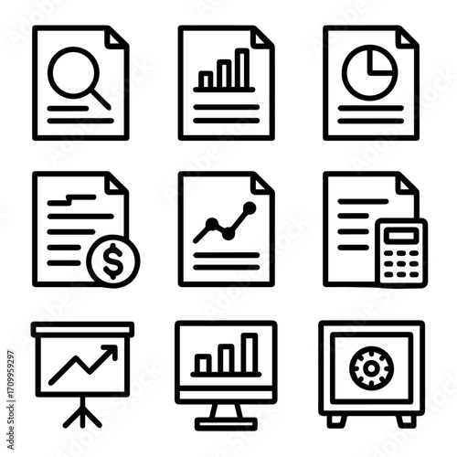 Collection of Business and Financial Icons Depicting Data Analysis and Security.