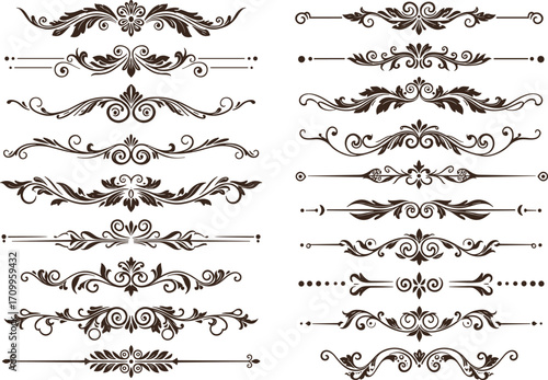 Elegant vintage divider ornament set with decorative flourishes, calligraphic border design, floral frame elements, retro vector illustration design
