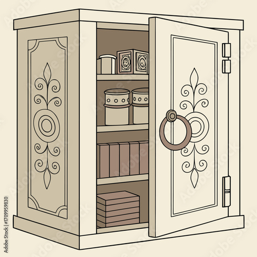 Antique brown wooden front door with a glass window and brass handle on a home's exterior
