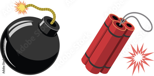 Round Bomb and Bundle of Dynamite Sticks with Exploding Fuses on White Background explosion wick