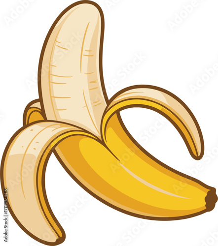 Partially peeled ripe yellow banana on white background Keywords: banana, fruit, yellow, peeled, ripe, sweet, healthy, food