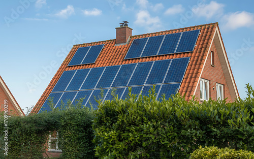 Modern brick house with solar panels installed on the roof for clean energy generation illustration