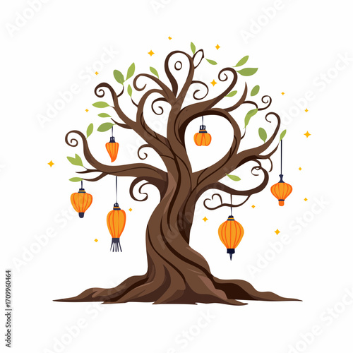 A whimsical, gnarled fantasy tree decorated with glowing festive orange lanterns