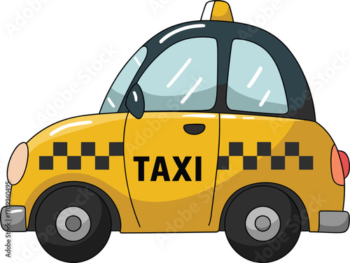 Cute cartoon yellow taxi with black roof and checkered stripe vehicle