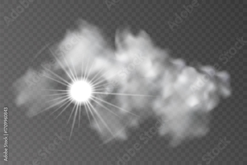 Sunlight with glowing flare effect partly hidden by soft clouds. Transparent background vector illustration.