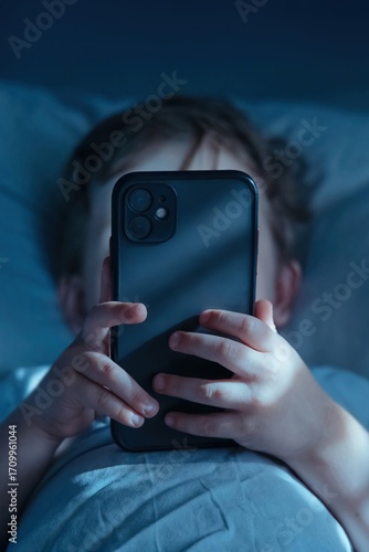 Close-up of unrecognisable little child lying in bed at night, holding mobile phone in front of his face. Gadget addiction and excessive late-night screen time. Smartphone overuse 