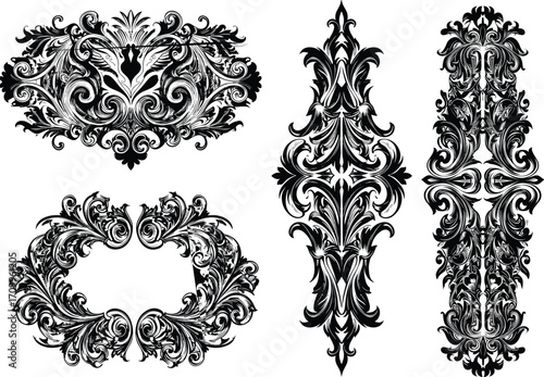 Baroque vintage ornament vector set, black decorative flourishes, ornate frame and border design, luxury retro engraving style illustration
