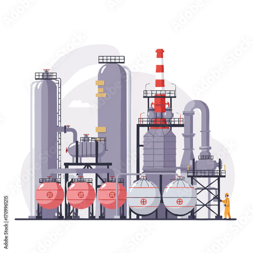 A vibrant 2D flat vector illustration of a complex petrochemical plant, featuring interconnected pipes, storage tanks, processing towers, and a worker in a protective suit.