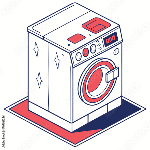 Vector illustration of a front-loading washing machine, a domestic appliance for cleaning clothes and laundry