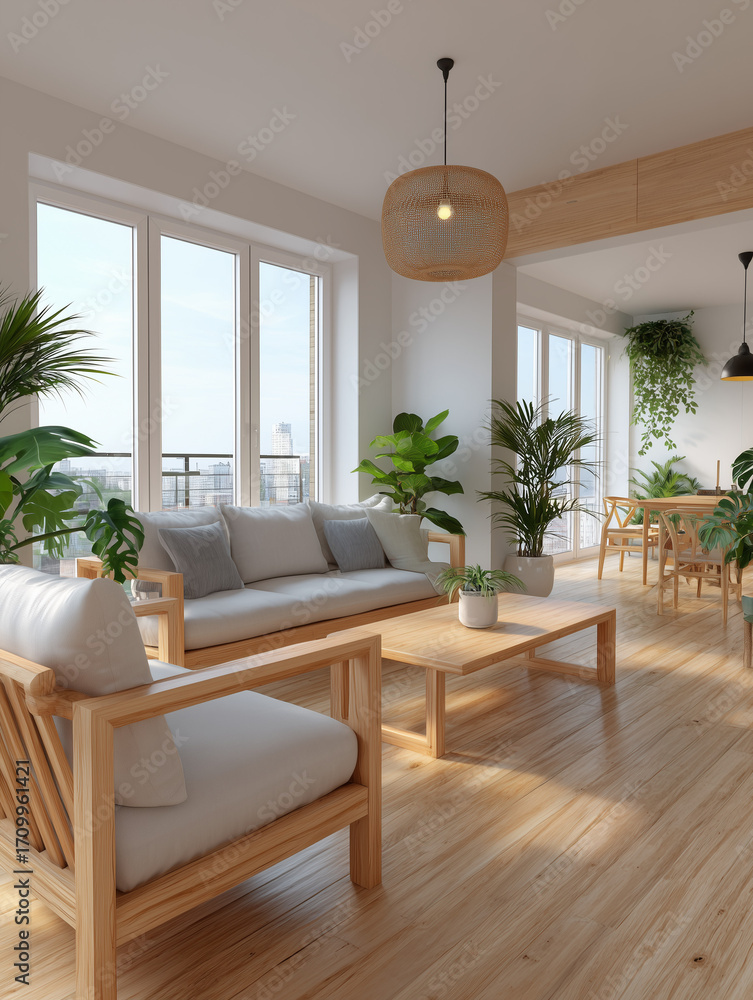 Fototapeta premium Modern living room interior with wooden furniture and city view