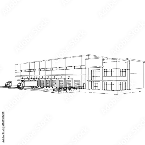 Industrial warehouse building with loading docks and trucks   