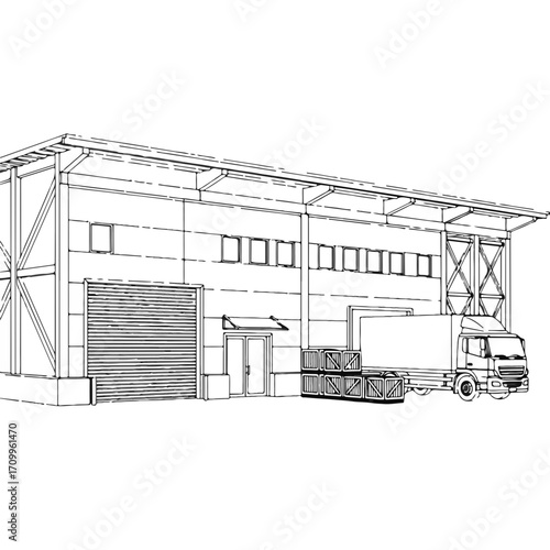 Outline of a warehouse building with delivery truck parked outside  