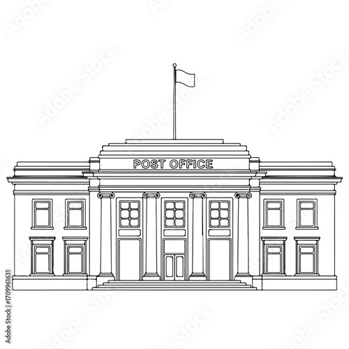 Traditional post office building with flag and detailed façade  