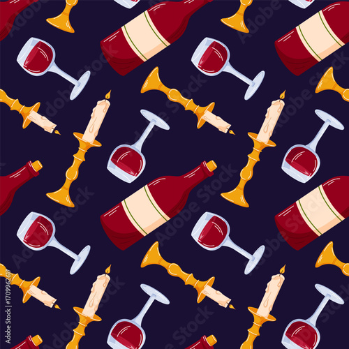 Seamless pattern with kiddush wine bottle, glass and candle on dark purple background for celebration and dining theme.