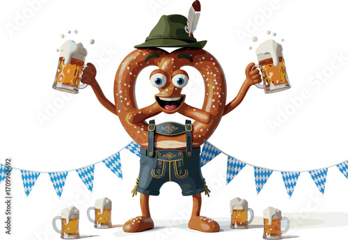 Cartoon pretzel character in lederhosen holding beer mugs at oktoberfest