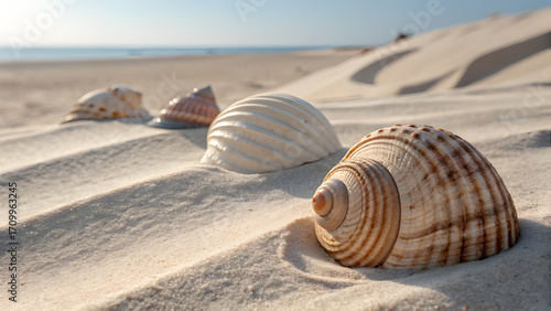 Fototapeta Naklejka Na Ścianę i Meble -  Assorted seashells on a sandy beach with dunes ocean