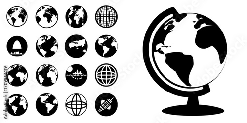 The planet icon set includes a global map, map symbol, and various icons such as the international earth globe and world globe, all in a line modern style