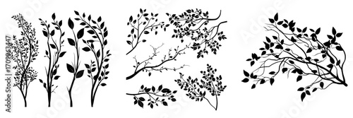Modern illustration of tree branch in flat style with spring tree branches having different leaves