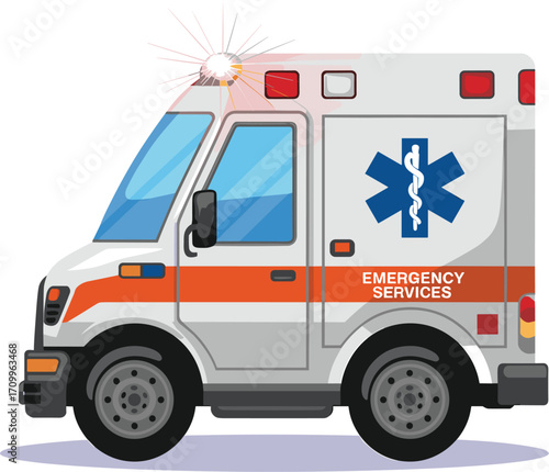 Ambulance Vehicle with Flashing Lights and Emergency Services Emblem medical transport