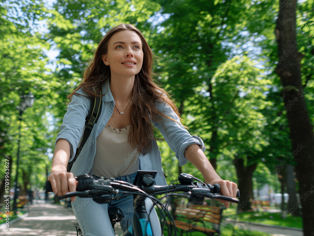 Naklejka premium Young woman riding bicycle in city park enjoying summer day