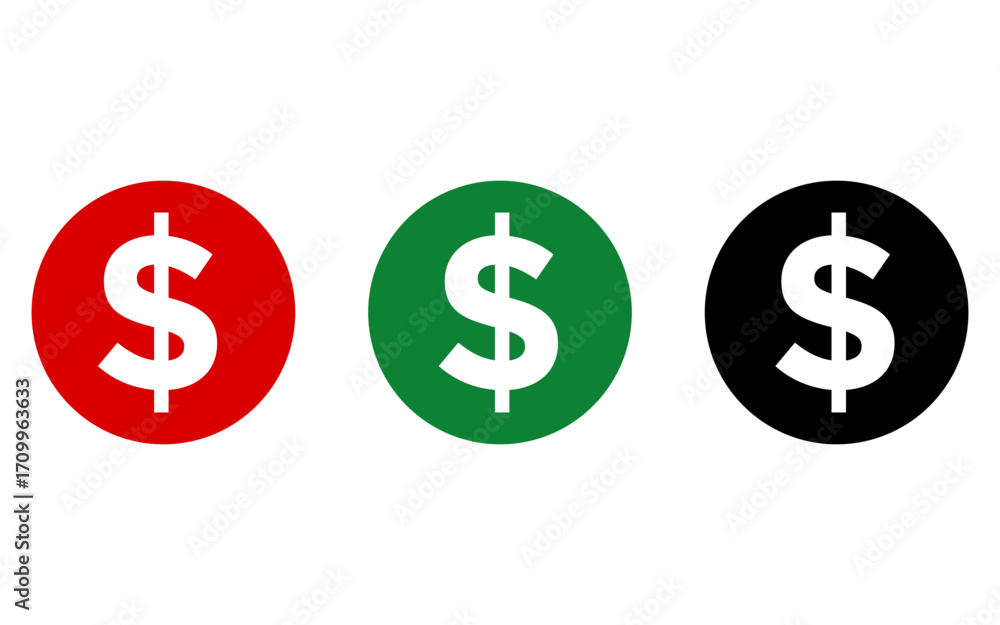 Set of red, green and black dollar symbol icon with circular shape vector Set of red, green and black dollar symbol icon with circular shape vector