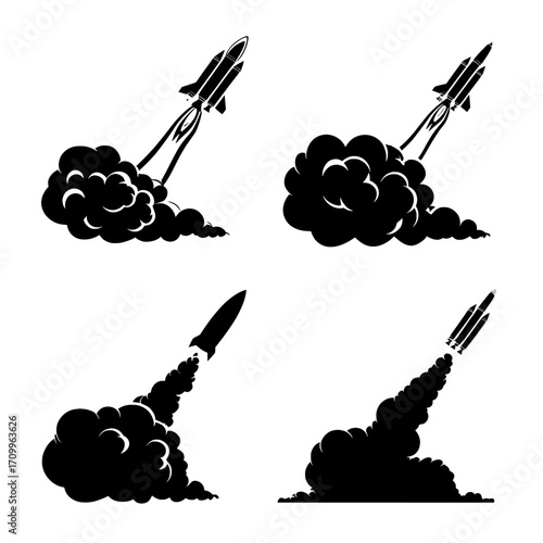 Flames, steam clouds, and smoke trails from a rocket or jet are shown in a modern and realistic depiction of a space ship, shuttle, or missile launch, isolated on a black background