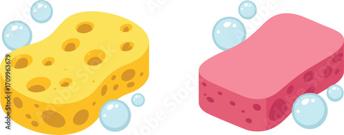 Two Cartoon Sponges With Bubbles On White Background Keywords: sponge, cleaning, bath, hygiene, soap, bubbles, water, washing
