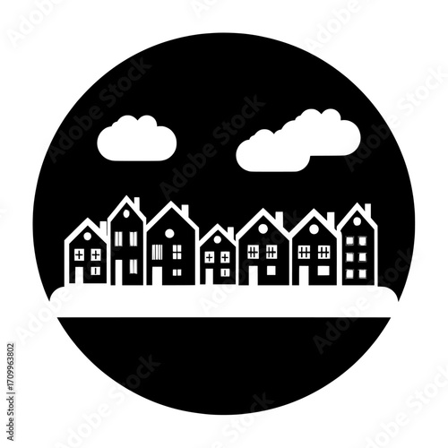 The image is a modern flat icon that showcases a neighborhood filled with color, set beneath blue skies