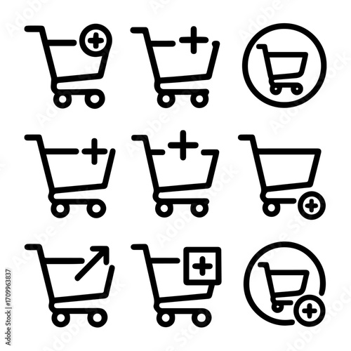 Collection of Shopping Cart Icons with Plus Signs and Arrows Black Outlines.