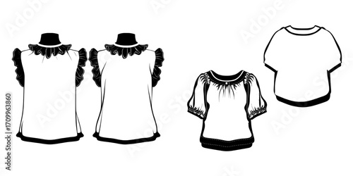 The design for a modern girls' poet blouse features a flat sketch of a woven top with front and back views, including a toddler baby girl version with shirring details and a ruffled neck