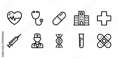 Health and medicine icon set in outline design vector illustration