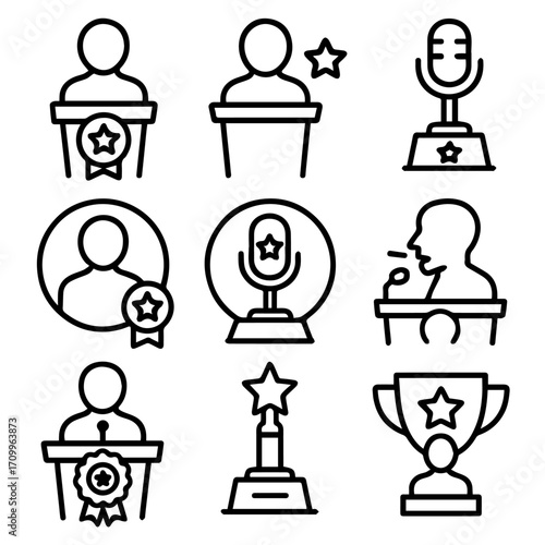 Collection of Simple Black and White Icons Representing Awards and Recognition.