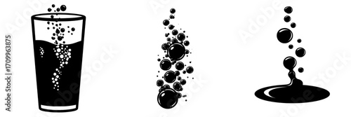 A modern background featuring an isolated drop of soda water with a bubble, resembling an underwater black effect with fizzy air, similar to champagne with an oxygen sparkle, and an effervescent 3D