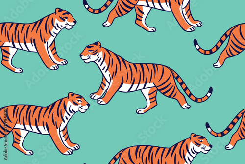 Orange tigers walking pattern on teal background illustration