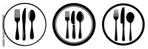 The icon set for a cafe includes symbols for food, fork, knife, spoon, plate, and menu signs, covering breakfast, lunch, and dinner