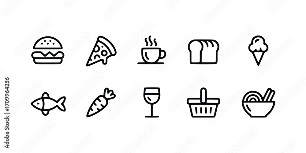Fototapeta premium Food and Drink Icon Collection Delicious Meals and Refreshing Beverages