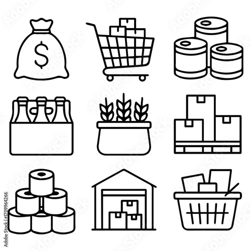 Collection of Simple Black and White Icons Representing Various Consumer Goods.