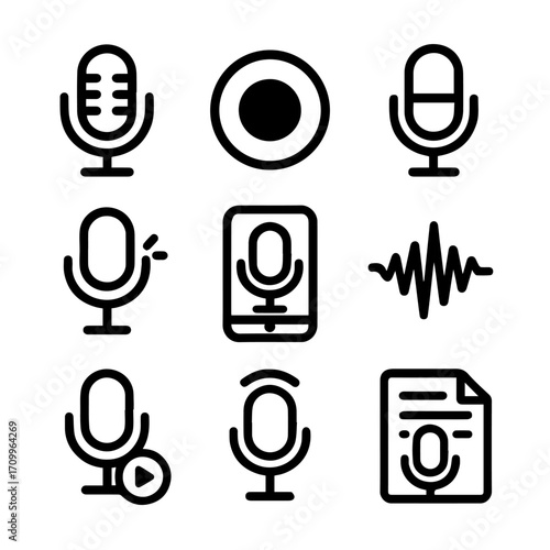 Collection of Simple Black Audio and Microphone Icons.
