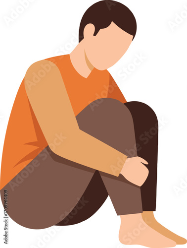 Sad Lonely Person Sitting Hugging Knees Mental Health Minimalist Illustration