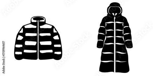 A front view fashion flat sketch of a winter puffer coat for a Tech Pack, featuring a warm jacket with CAD drawing in black and white, incorporating modern graphics for garment production by an