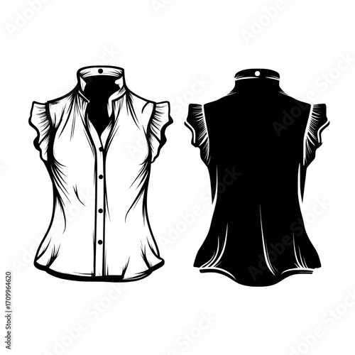 The toddler baby girl blouse is presented in a modern template with a flat sketch fashion illustration of a woven top design featuring frills, shown from front and back