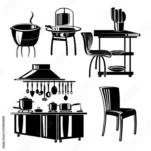 Modern furniture and equipment for the commercial hotel industry are featured in a cartoon illustration of a restaurant kitchen interior, highlighting the space where a chef would cook and prepare